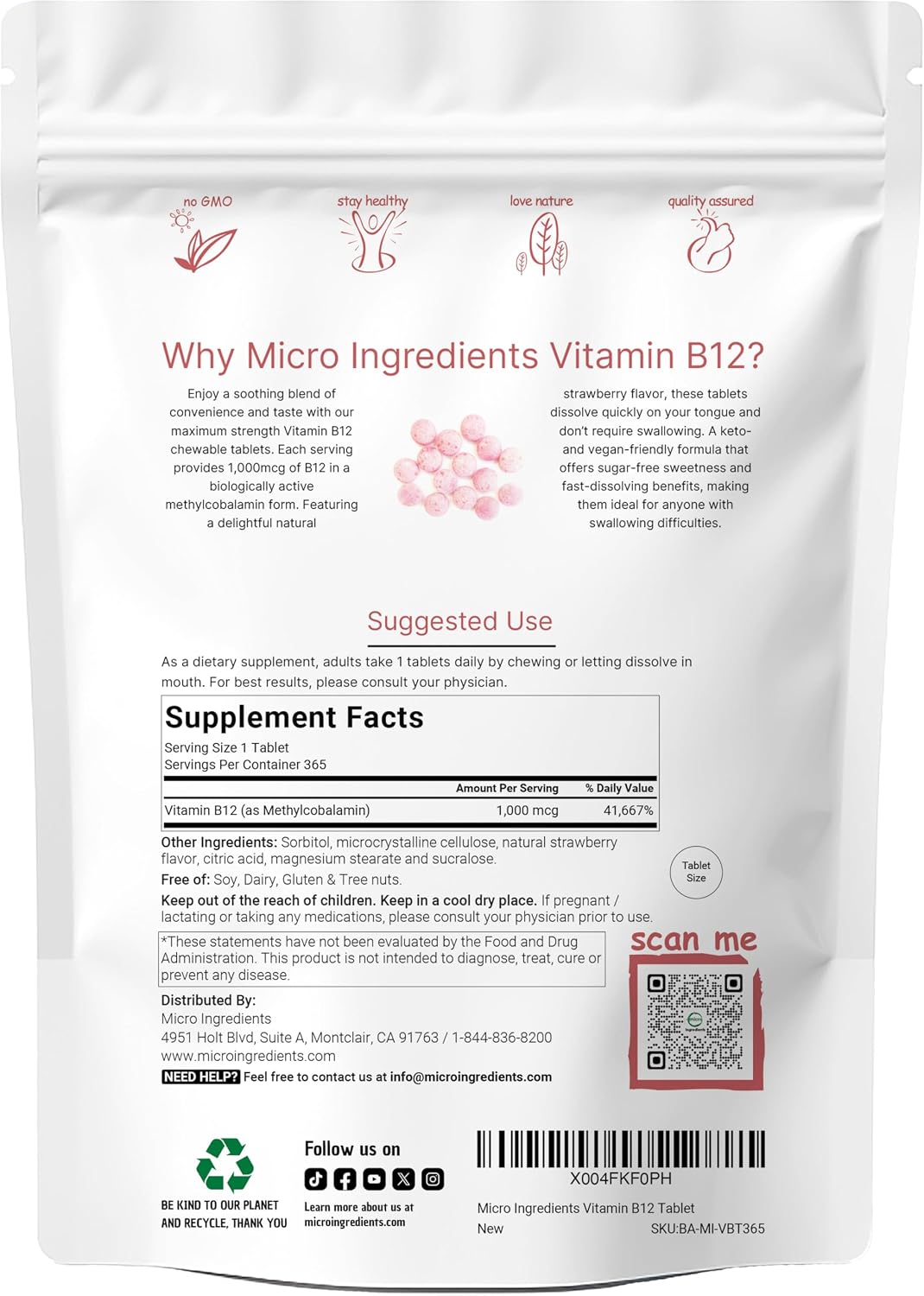 Micro Ingredients Vitamin B12 supplement pouch back label showing nutrition facts