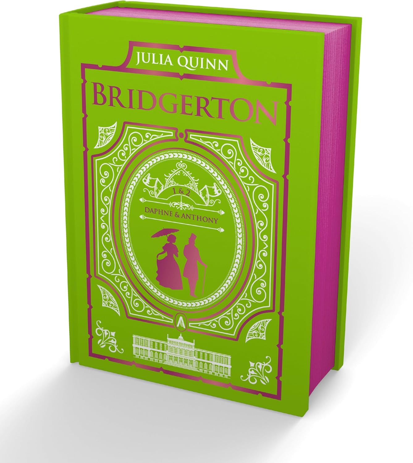 Julia Quinn Bridgerton Collector Edition hardcover front view showing bright green cover and silver foil detailing.