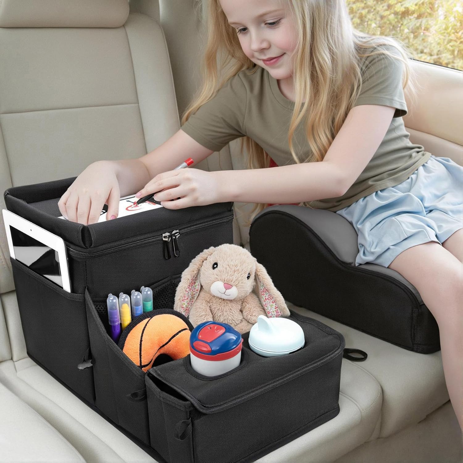 WENRENER car seat organizer black front view showing cup holders