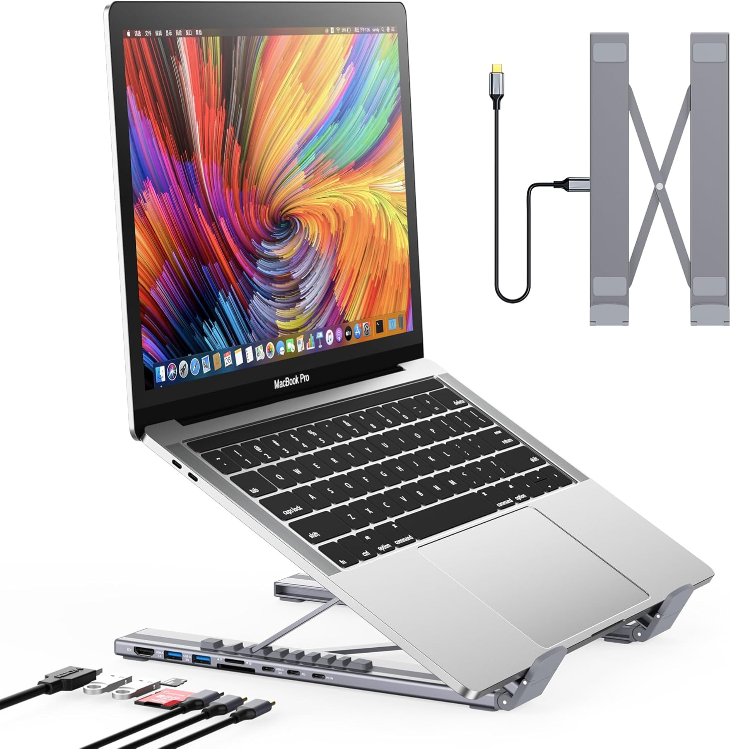 Mukiya USB C laptop docking station stand front view displaying the integrated multi-port hub connectivity options.