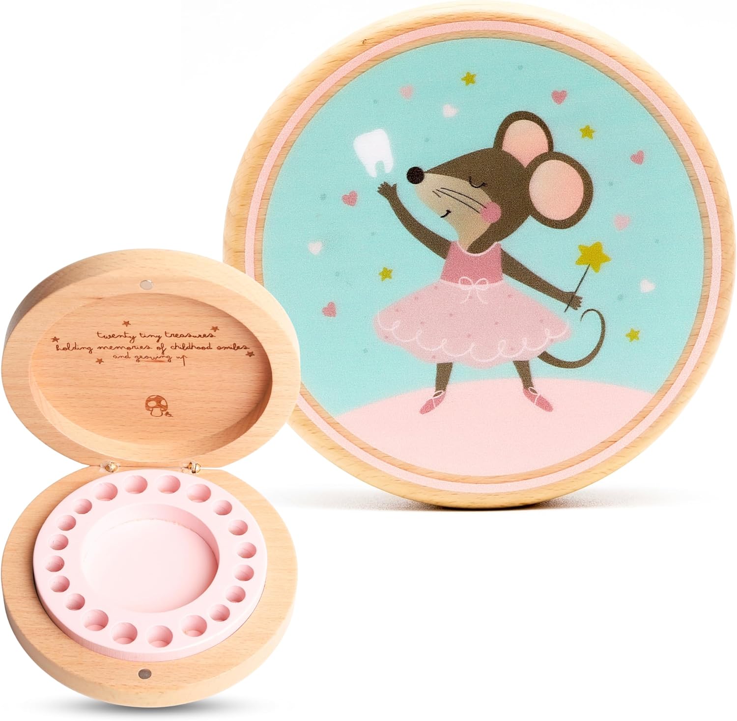 Little Shroomie Baby Tooth Keepsake Box pink wooden exterior front view