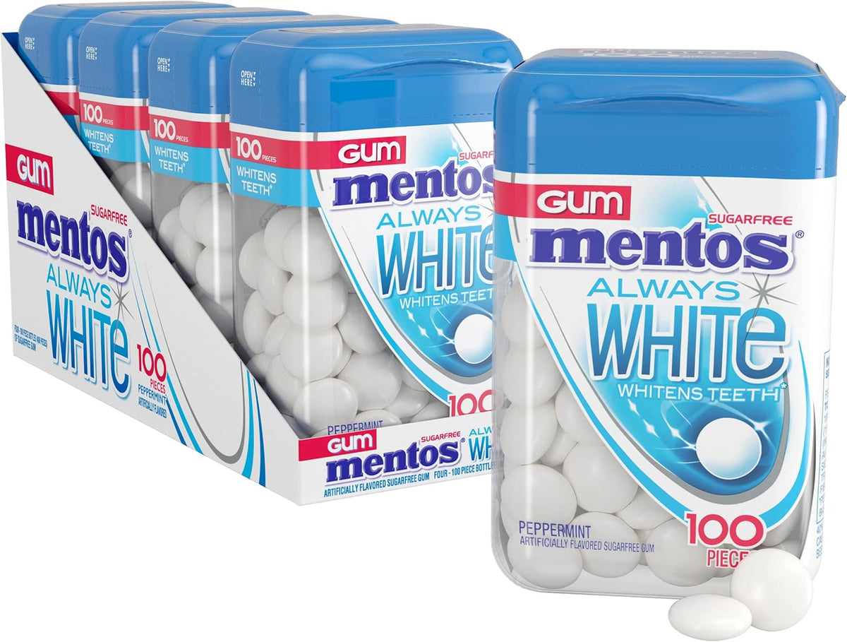 Close up view of Mentos Always White sugar free bubble gum container