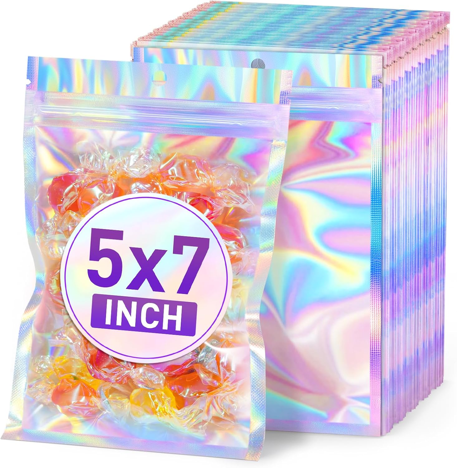 ANZNKU 50 Pack Holographic Mylar Bags front view showing rainbow foil and transparent window.