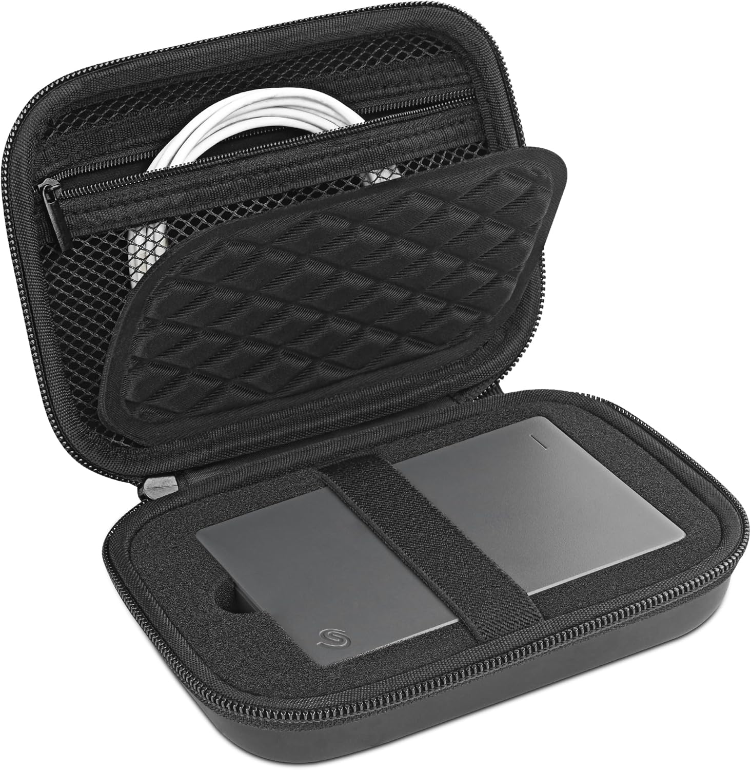 Stukcaze external hard drive case front view showing the durable black EVA hard shell design.