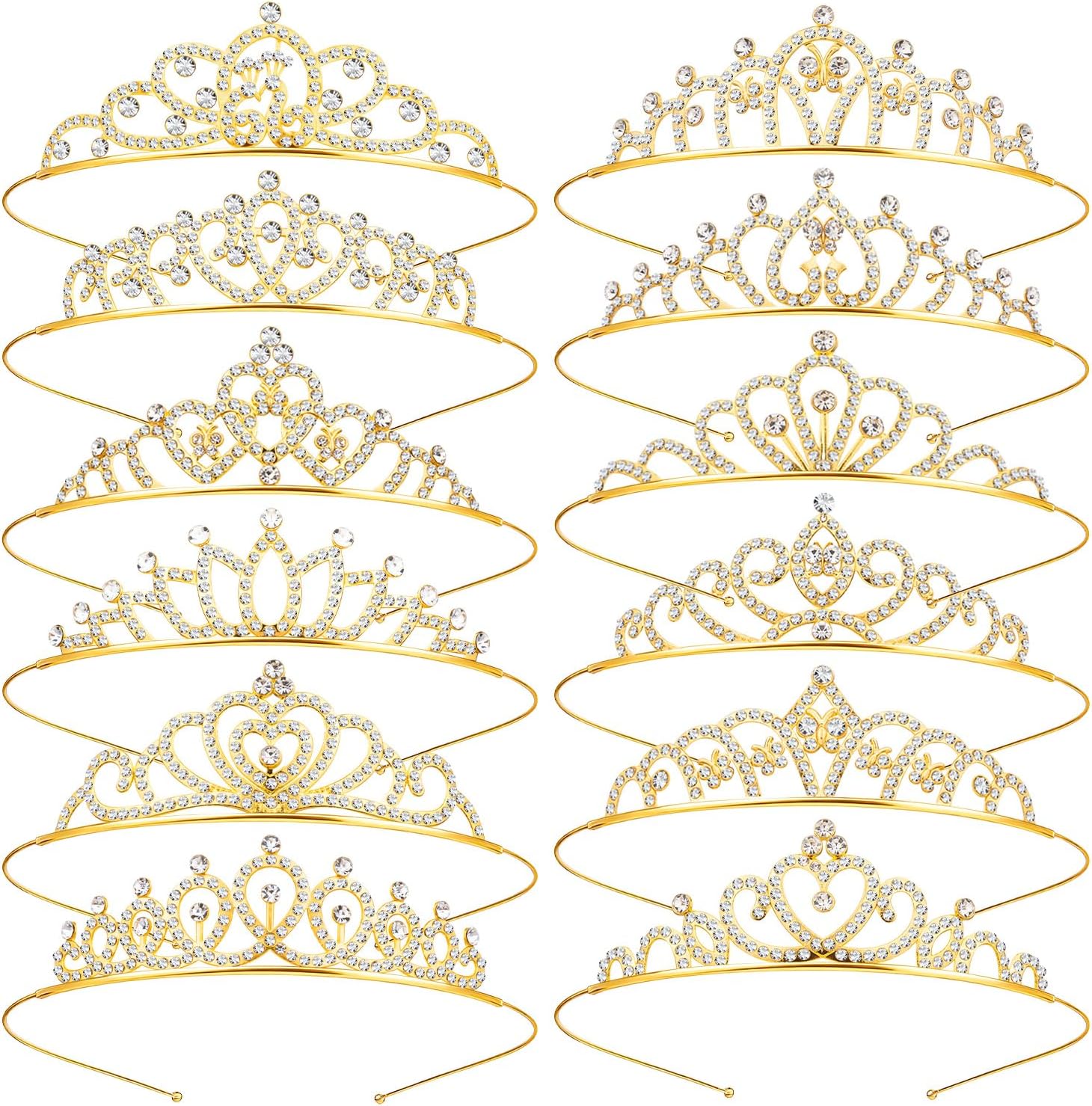 KQYSLXG crystal crowns headbands 12 pieces front view showcasing multiple golden rhinestone tiara designs.