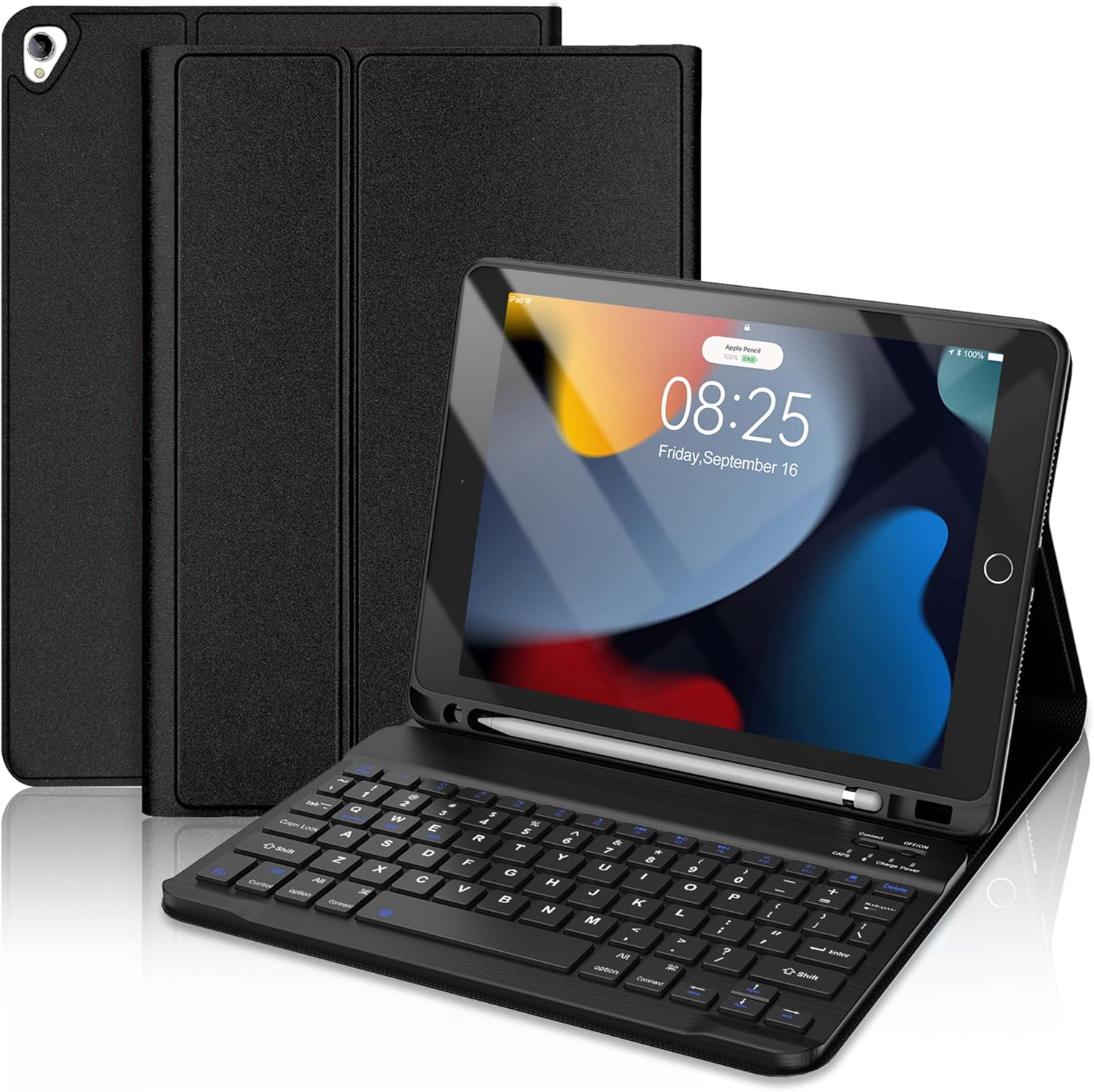 D DINGRICH iPad keyboard case front view showing the gold sand pattern cover and open folio layout.