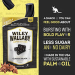 Back packaging of Wiley Wallaby Classic Black Licorice showing ingredients and nutritional info