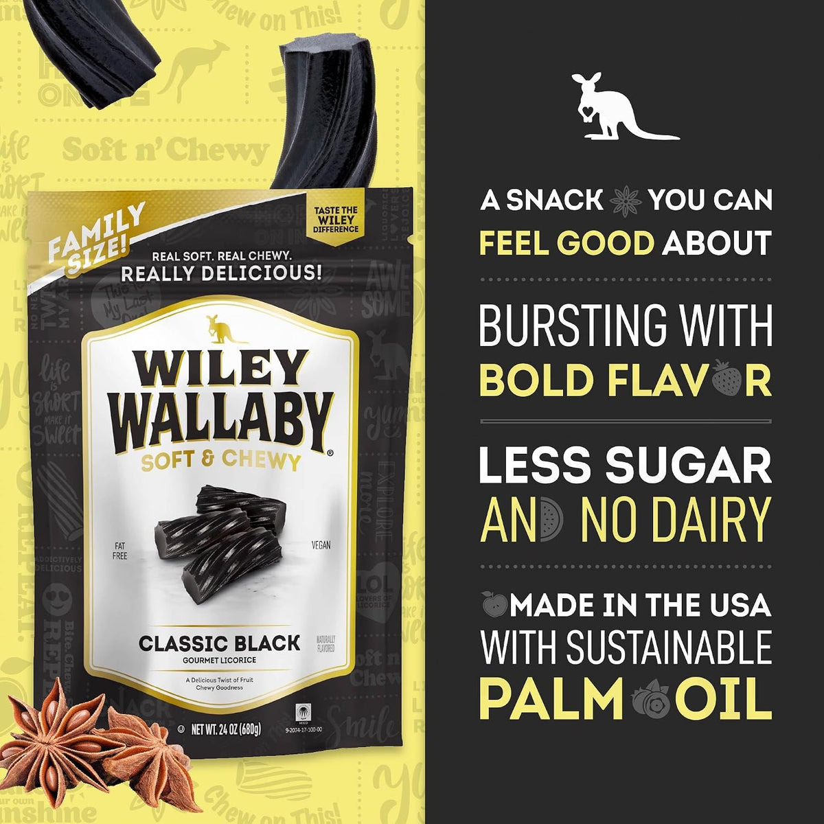 Back packaging of Wiley Wallaby Classic Black Licorice showing ingredients and nutritional info