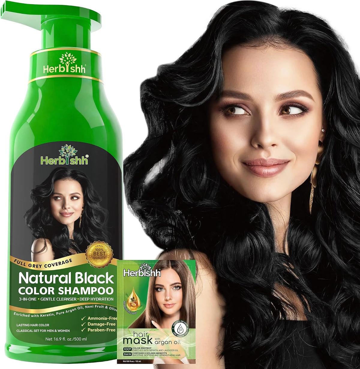 Herbishh Black Hair Dye Shampoo for Gray Hair Coverage 500ml - Image 1