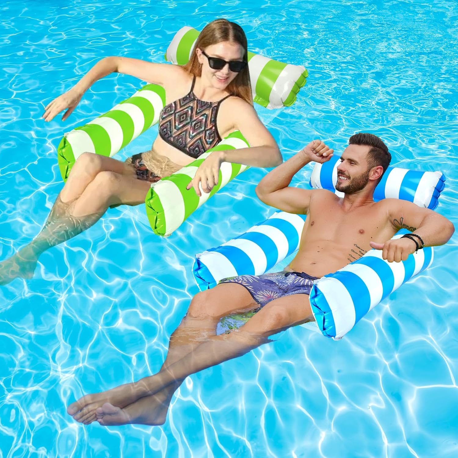 Tiwisses 4-In-1 Inflatable Pool Hammock front view of blue and green water floaties.