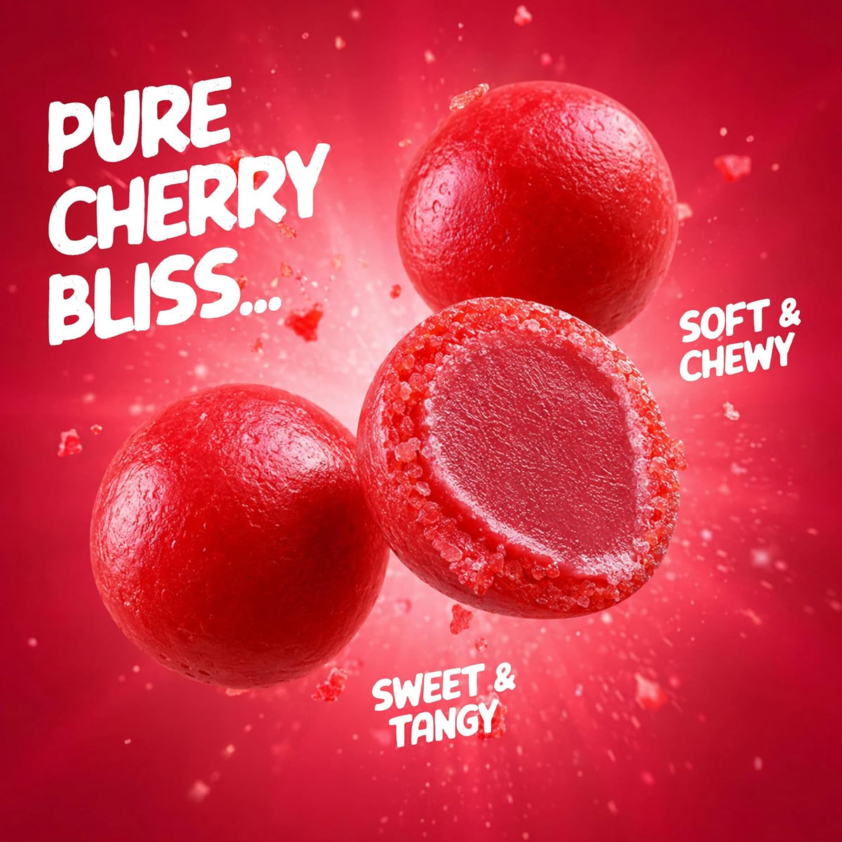 Zestix cherry sour candy balls spilled out on a table for a party buffet
