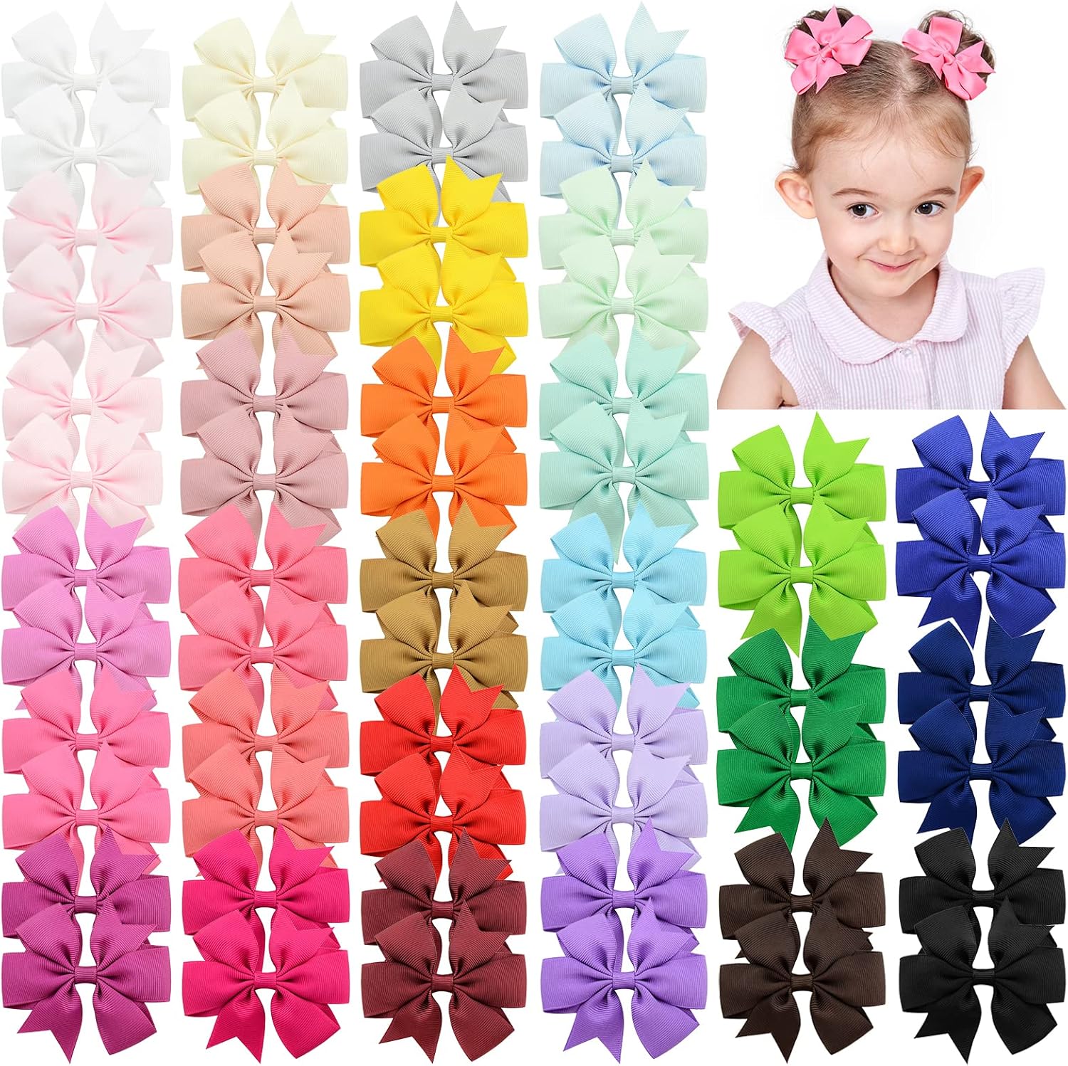 Choicbaby 60 piece grosgrain ribbon hair bows front view