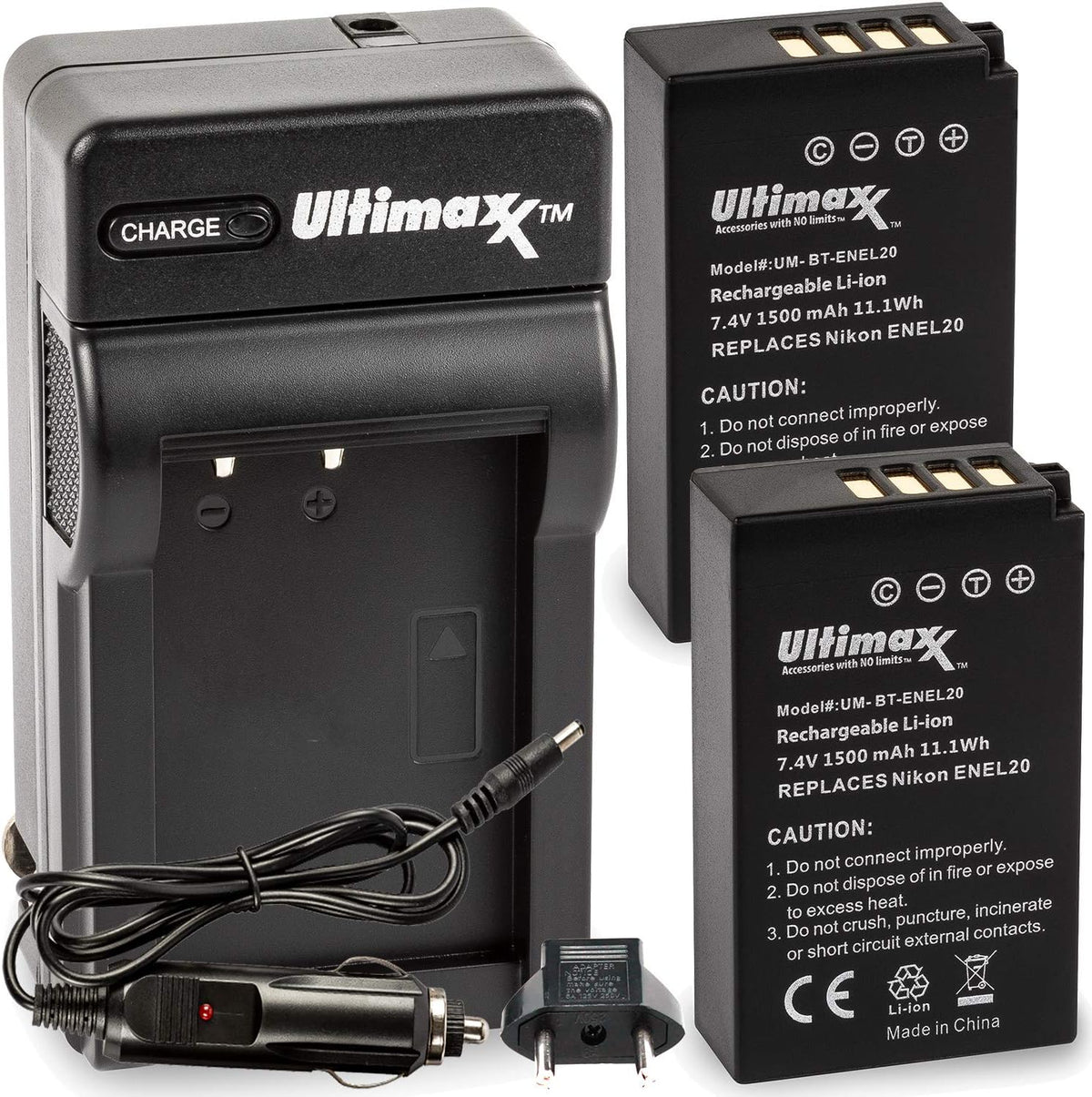 Ultimaxx AC/DC Rapid Home & Travel Charger with 2X EN-EL20 Extended Life Battery (1500mAh / 7.4V / 11.1Wh) for Nikon Coolpix P1000, DL24-500, Coolpix A, 1 AW1, 1 J1, 1 J2, 1 J3, 1 S1, 1 V3 - Image 1