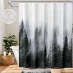 ORTIGIA Dark Green Misty Forest Shower Curtain front view hanging in a modern bathroom setup.