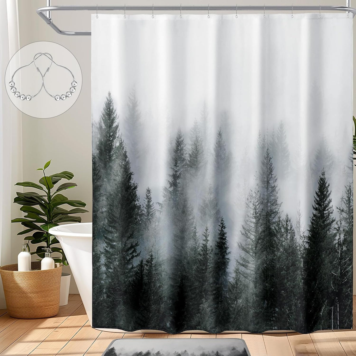 ORTIGIA Dark Green Misty Forest Shower Curtain front view hanging in a modern bathroom setup.