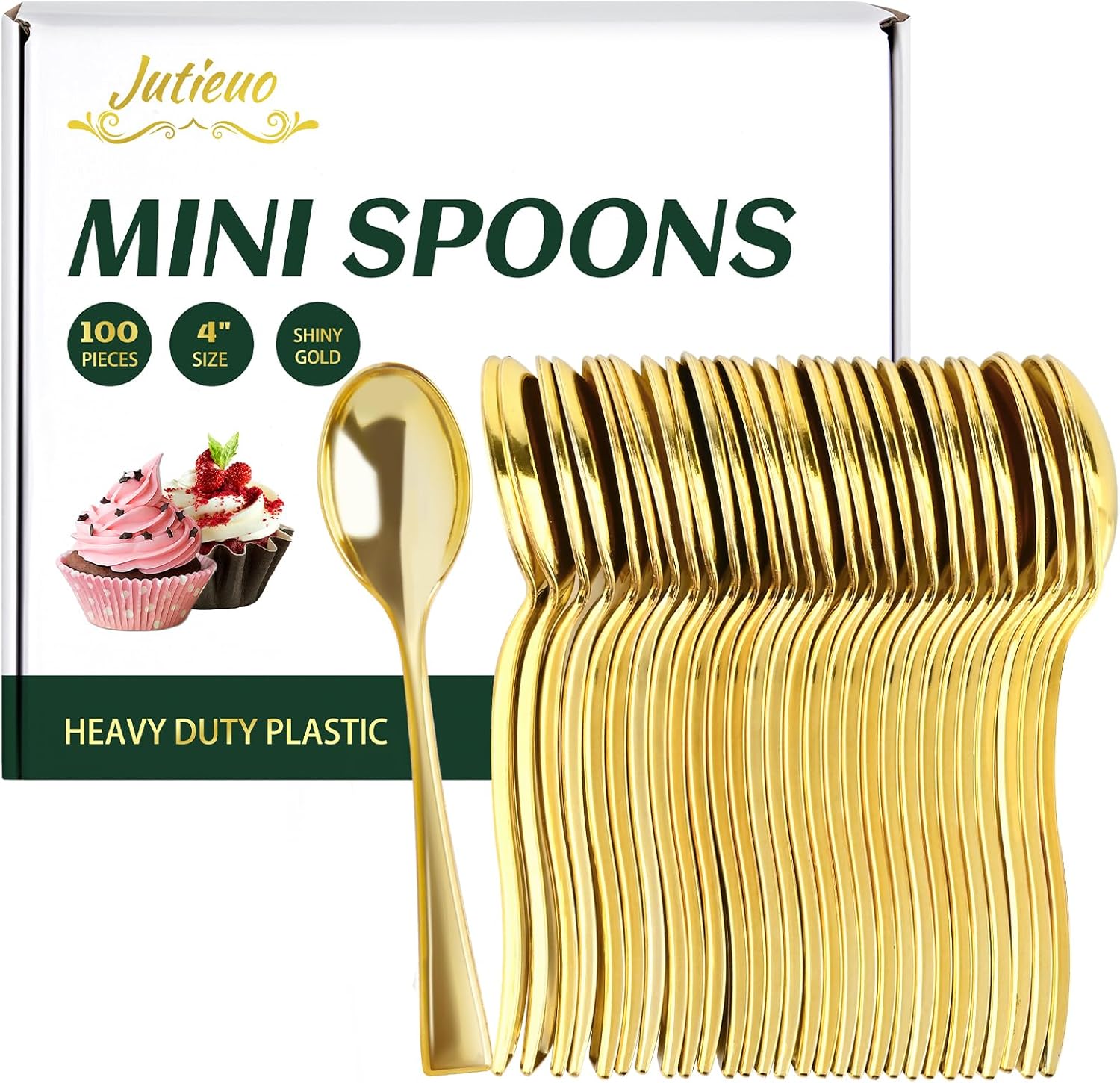 Jutieuo mini gold plastic spoons 100 count front view on event table