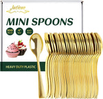Jutieuo mini gold plastic spoons 100 count front view on event table