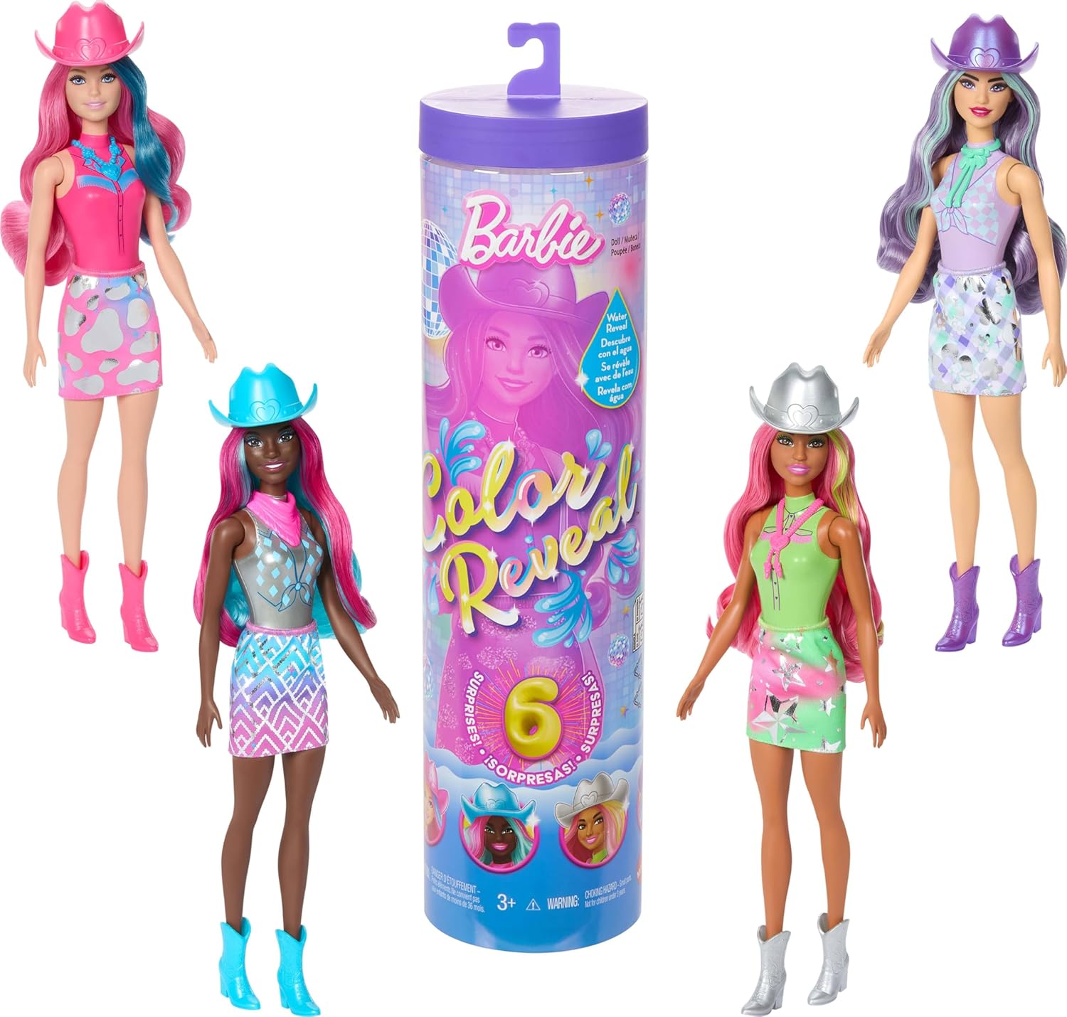 Barbie Color Reveal fashion doll front view showing metallic disco coating inside the surprise tube package