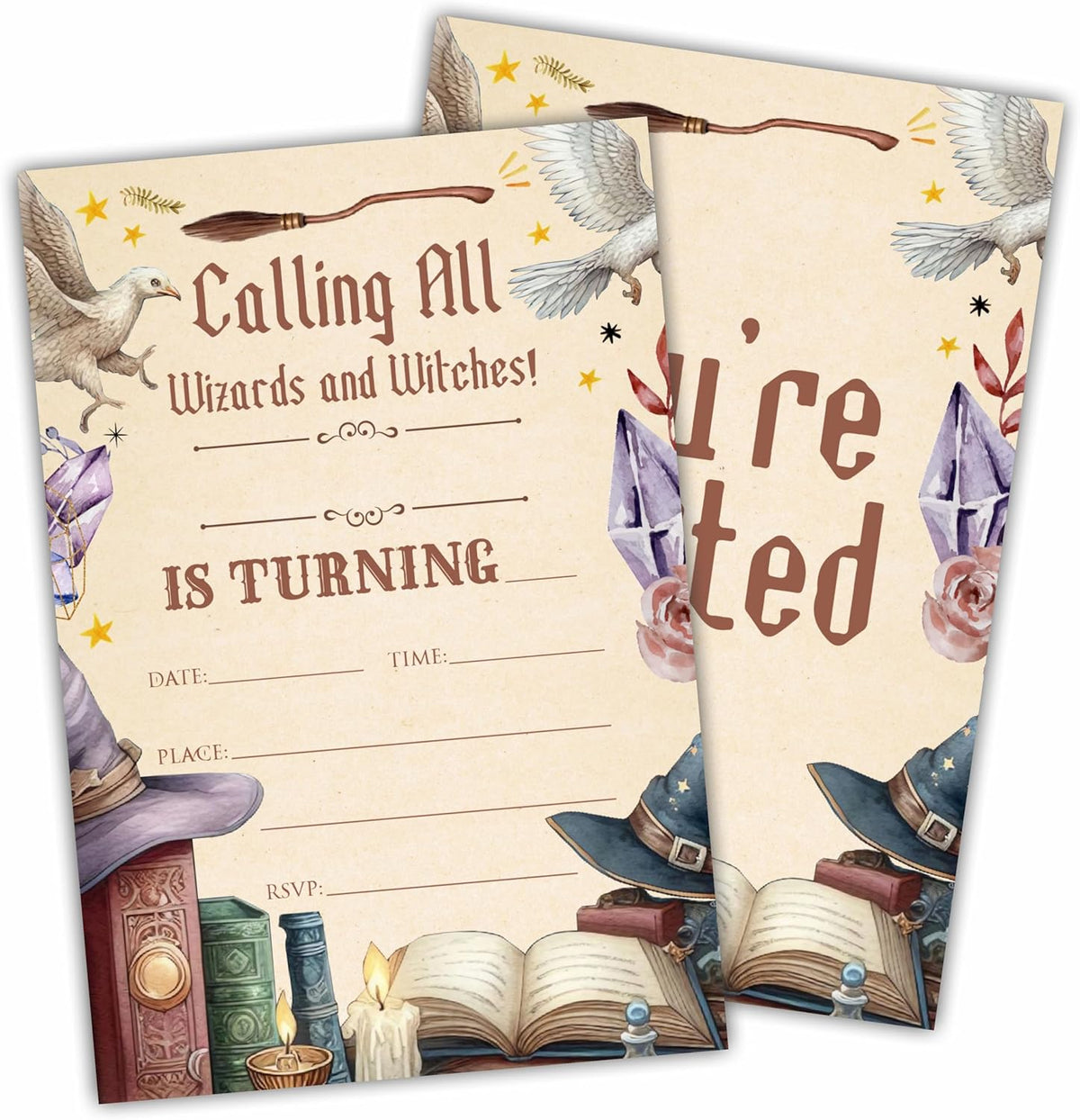 Dsjaidh watercolor magical theme birthday invitation cards front view showing wizard hat design.