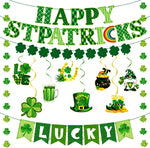 ChunRun 64 piece St Patricks Day decorations kit front view showcasing the fully assembled green Lucky banner and shamrock garlands.