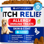 Artullano Dog Allergy Relief Chews front view packaging for canine skin health support.