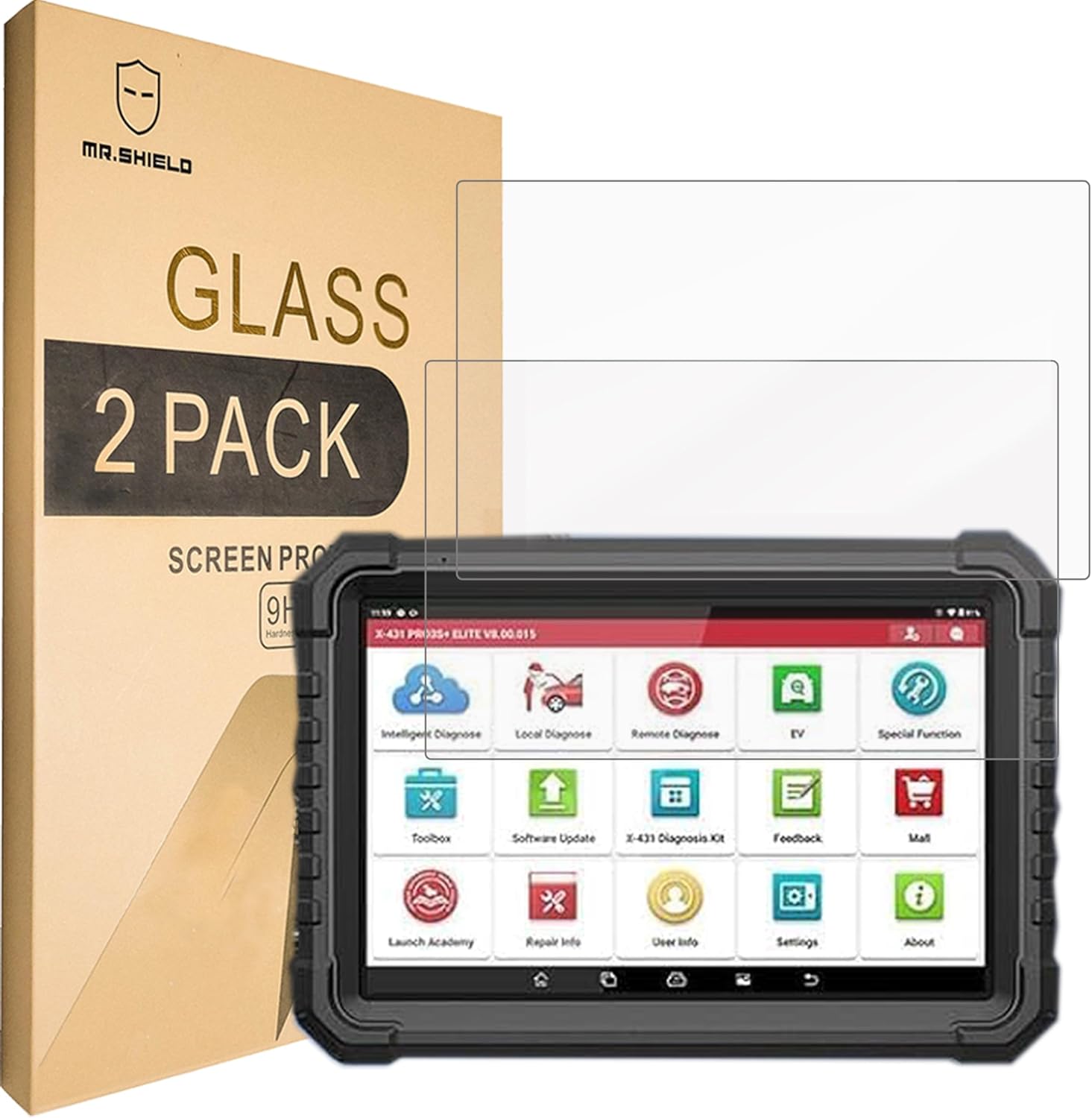 Mr.Shield Launch X431 PRO3S+ Elite screen protector front view showing premium tempered glass packaging.