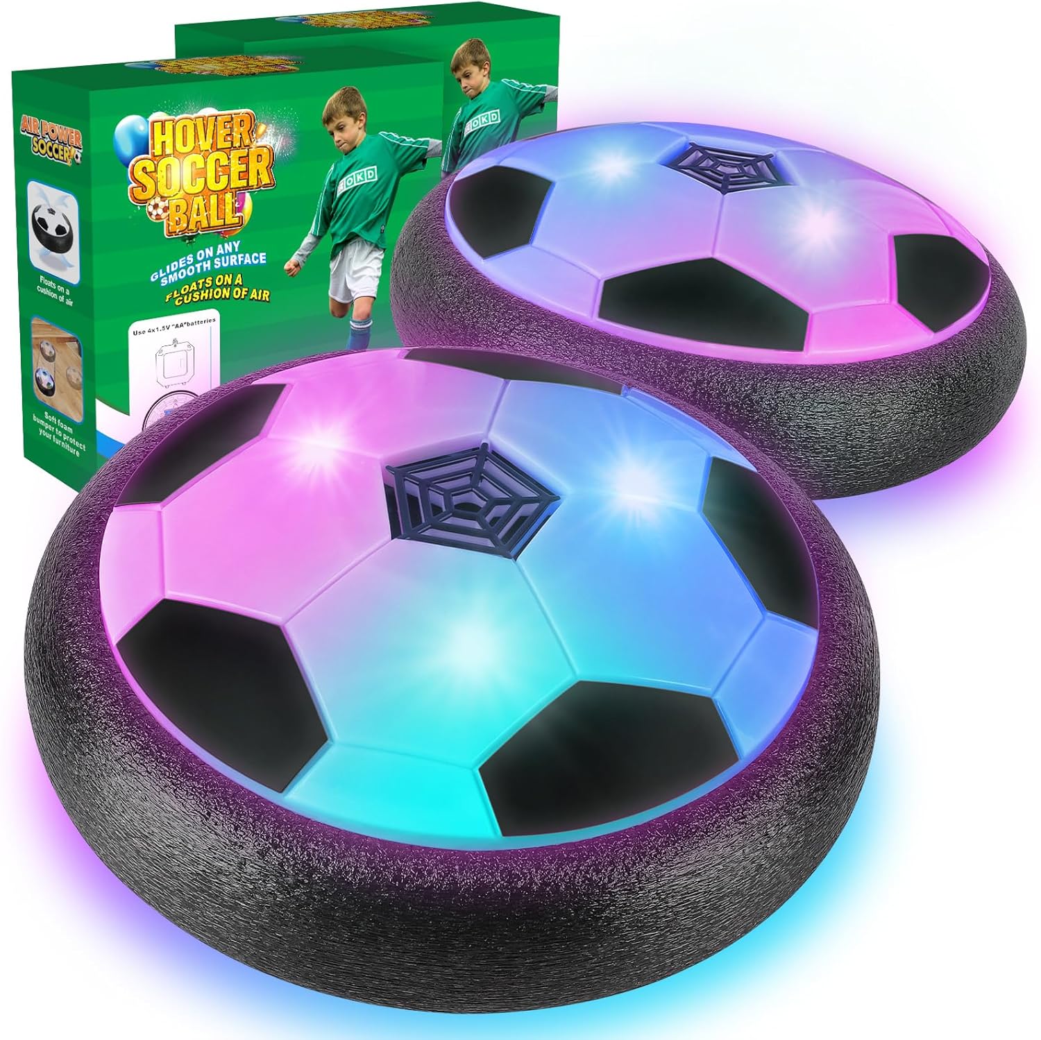Ocditikl hover soccer ball 2 pack front view showcasing LED lights and protective foam bumper.