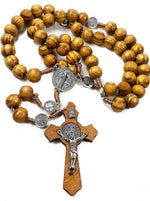 Nazareth Store Saint Benedict olive wood rosary necklace front view showing crucifix and wooden beads
