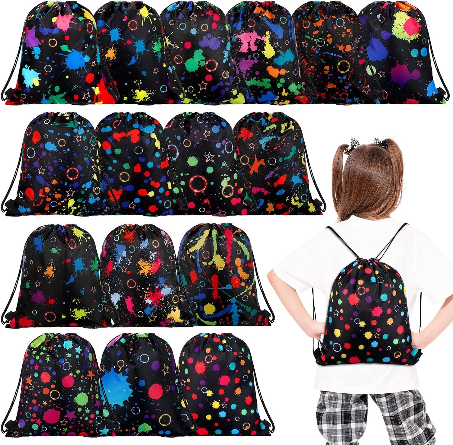 Funtery glow party drawstring bags front view showcasing vibrant neon paint splatter designs for return gifts
