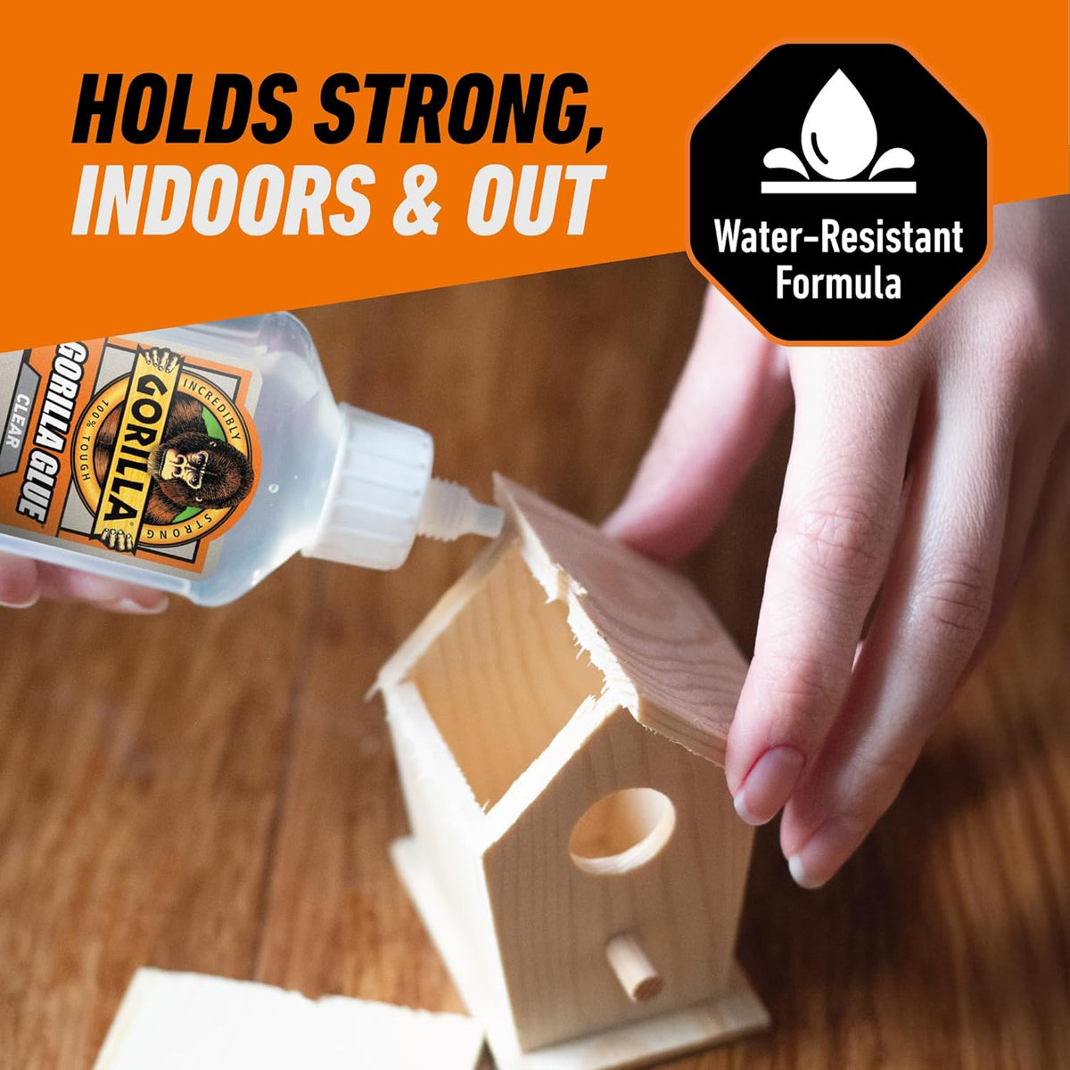 Clear gorilla glue application on wood surface