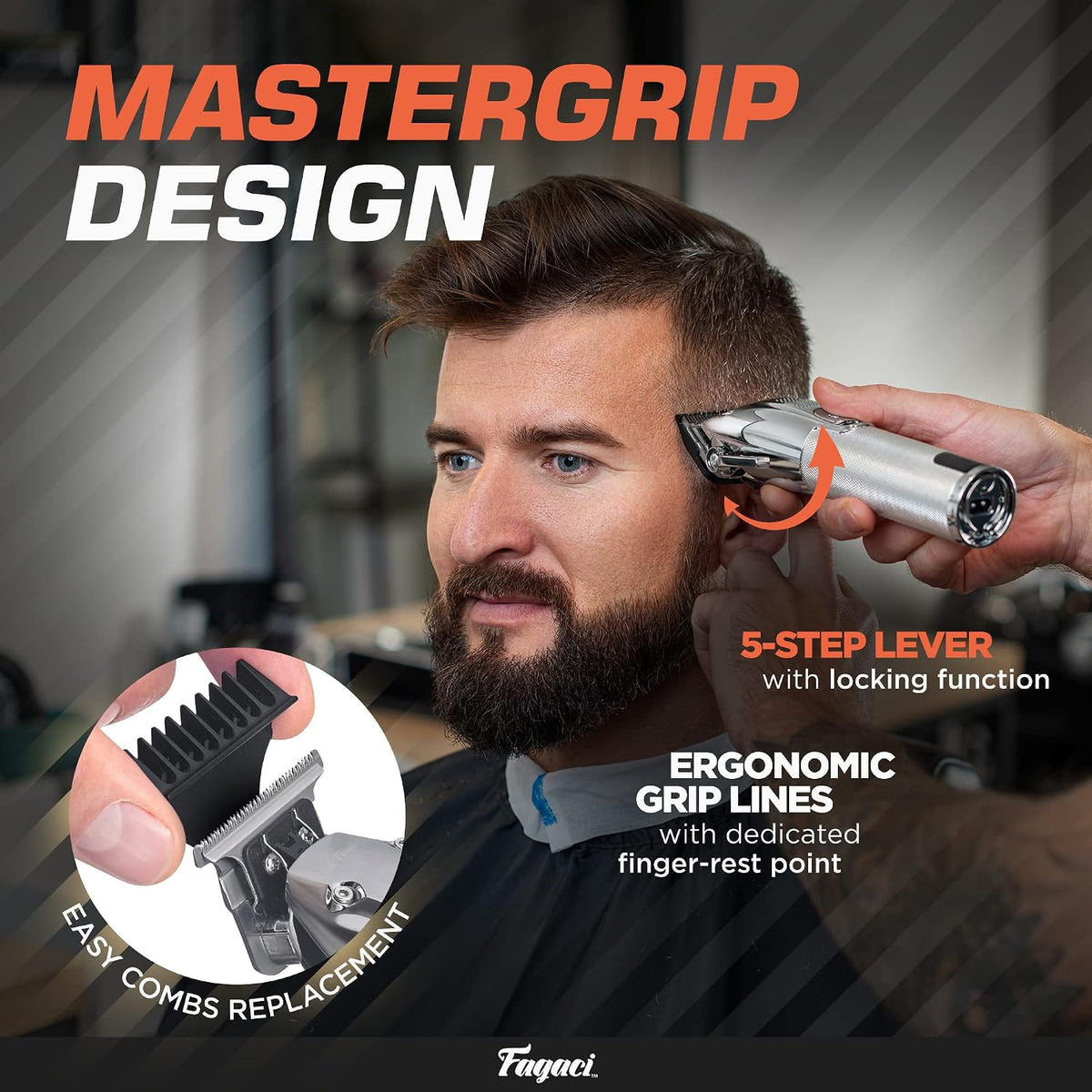 Fagaci barber kit accessories including charging dock and guide combs