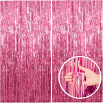 BOMSI pink tinsel curtain party backdrop front view showing metallic shimmer panels for event decorations.