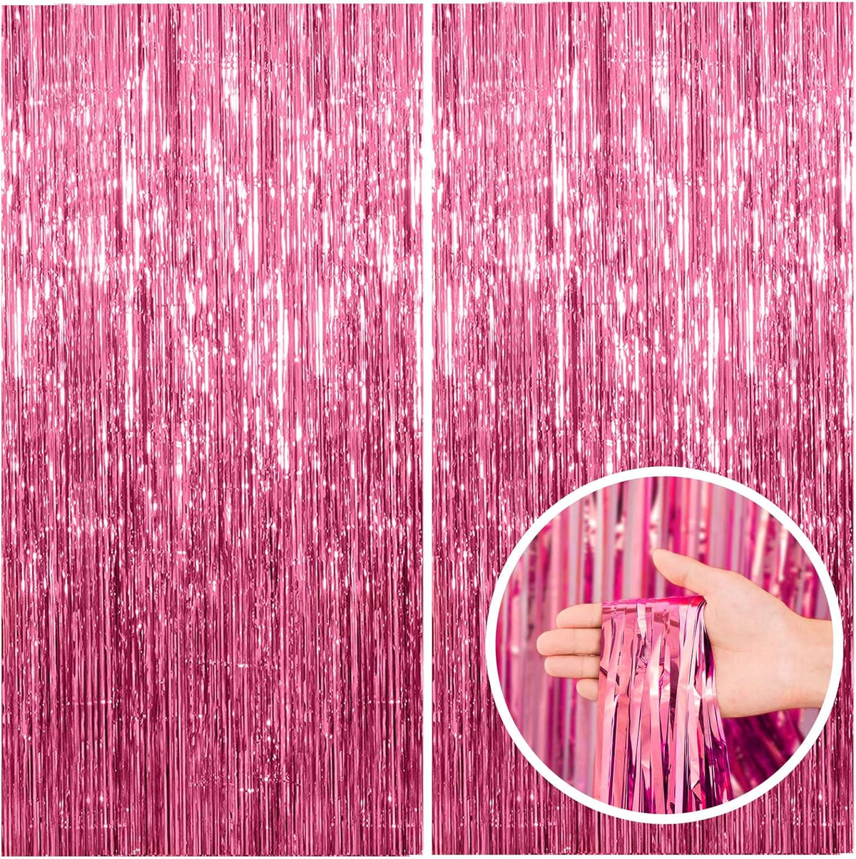 BOMSI pink tinsel curtain party backdrop front view showing metallic shimmer panels for event decorations.