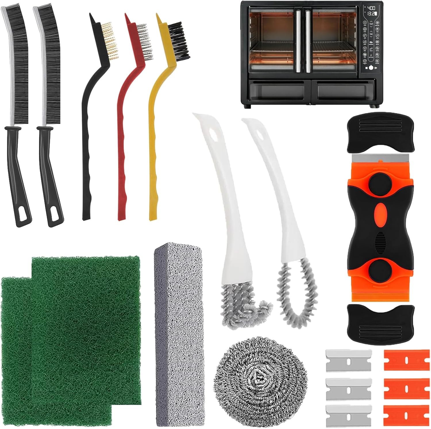 TOAINRSI heavy duty oven cleaner brush set front view showing full sixteen piece kit on kitchen counter.