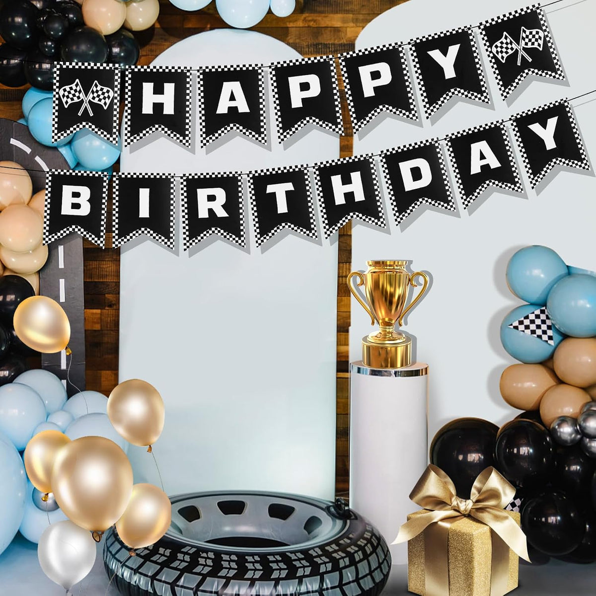 Peutier race car birthday banner setup example