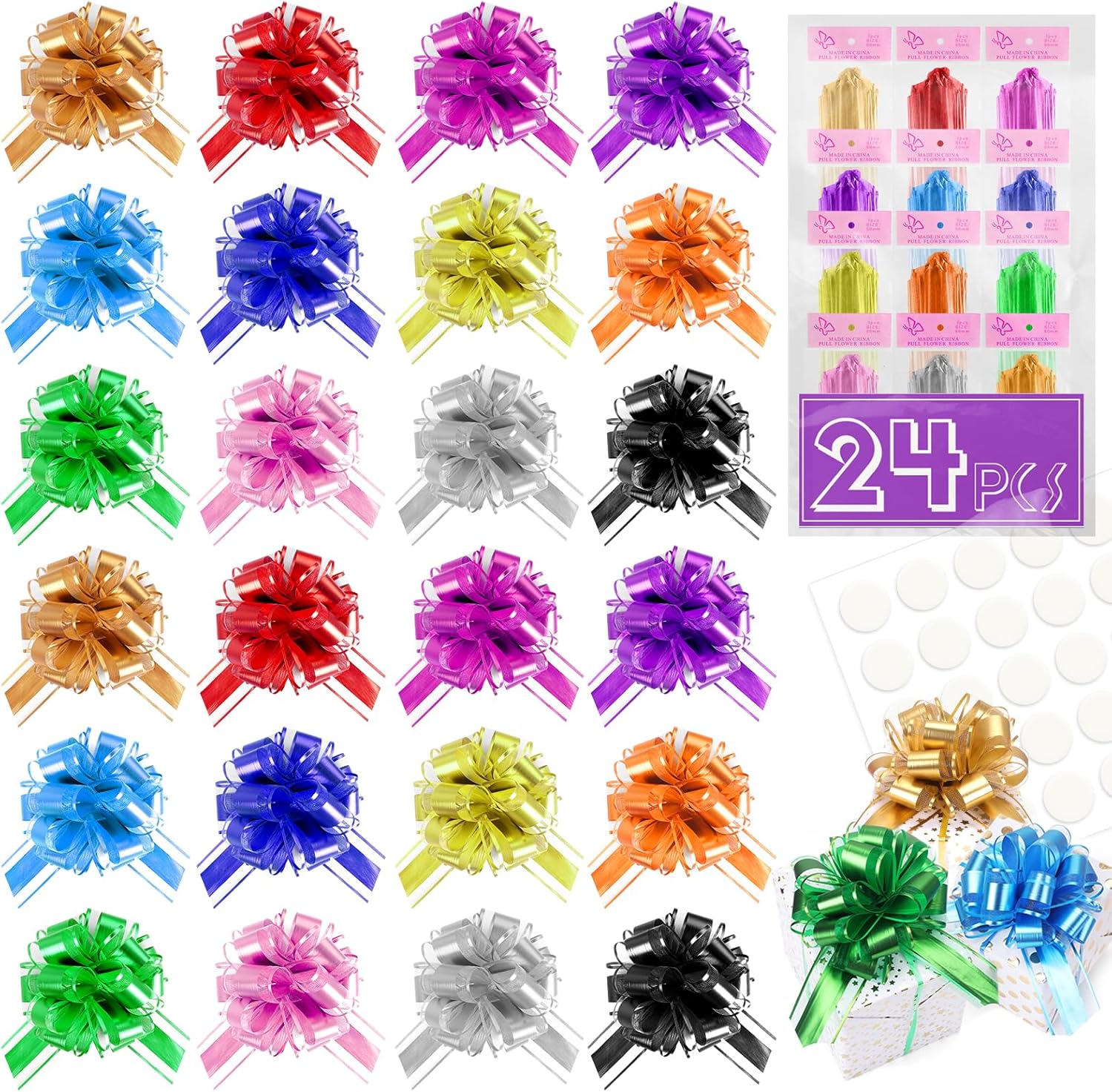 Tuxiya pull bows front view showing twelve vibrant colors arranged flat before assembly