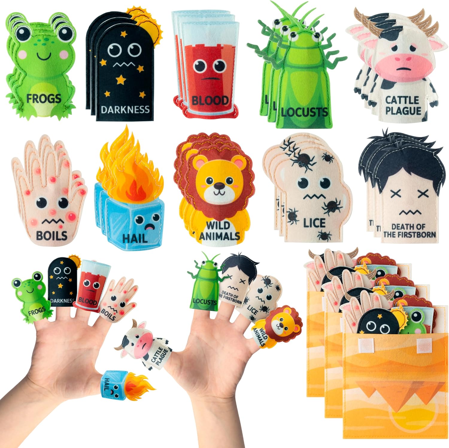 WATINC Passover Felt Finger Puppets front view thirty three piece educational toy set.