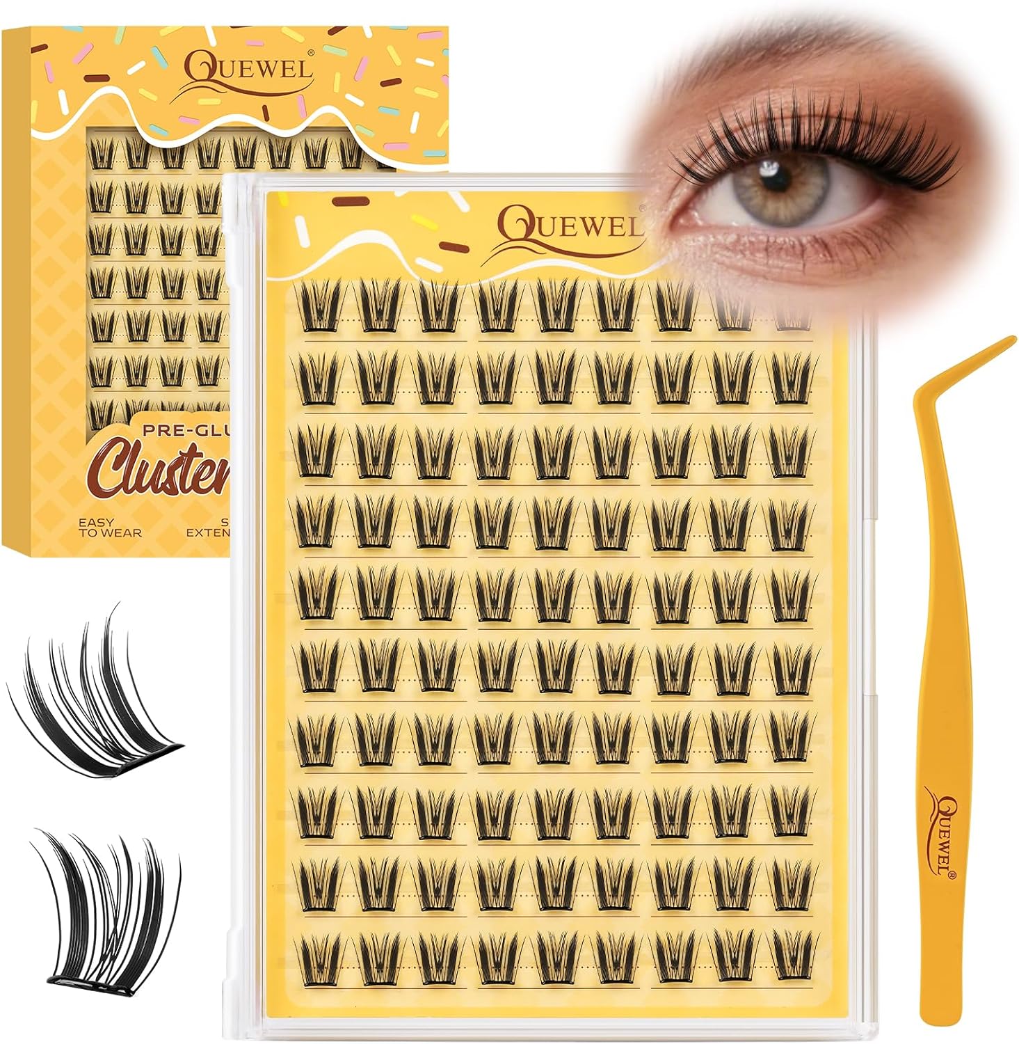 QUEWEL Self Adhesive Eyelashes, Pre Glued Eyelashes Clusters 100Pcs Manga Lashes No Glue Needed,D Curl Pre Glued Lashes With Tweezers for Cute Makeup ooks, Easy And Quick To Wear(ZZBP04) - Image 1