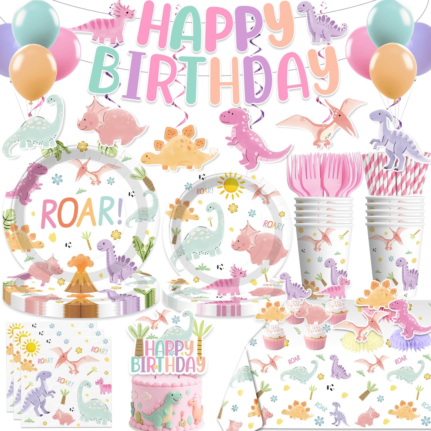 Xynic 201 pieces pastel dinosaur party decorations kit front view