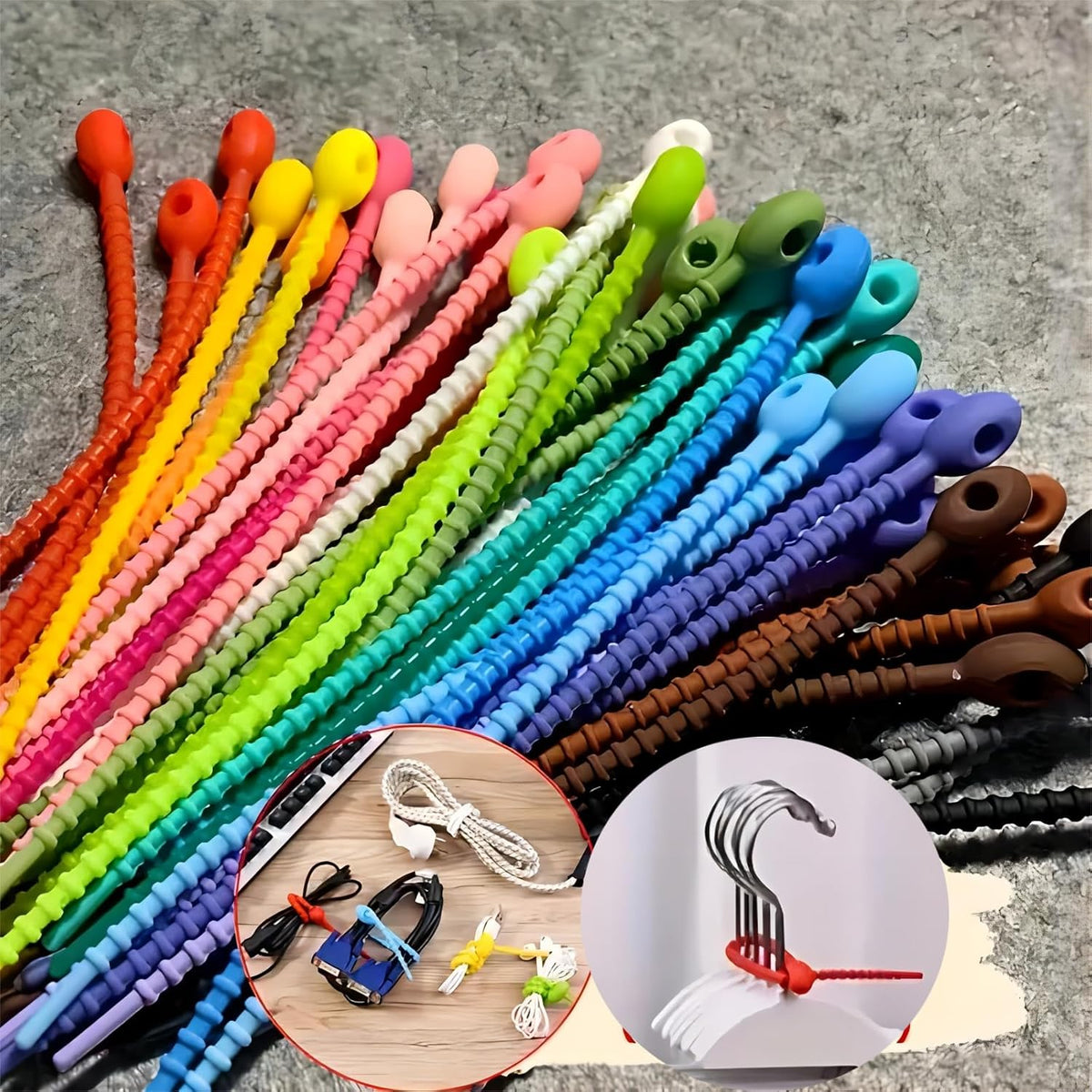 Generic silicone cable management straps pack of thirty front view showing multiple colors.
