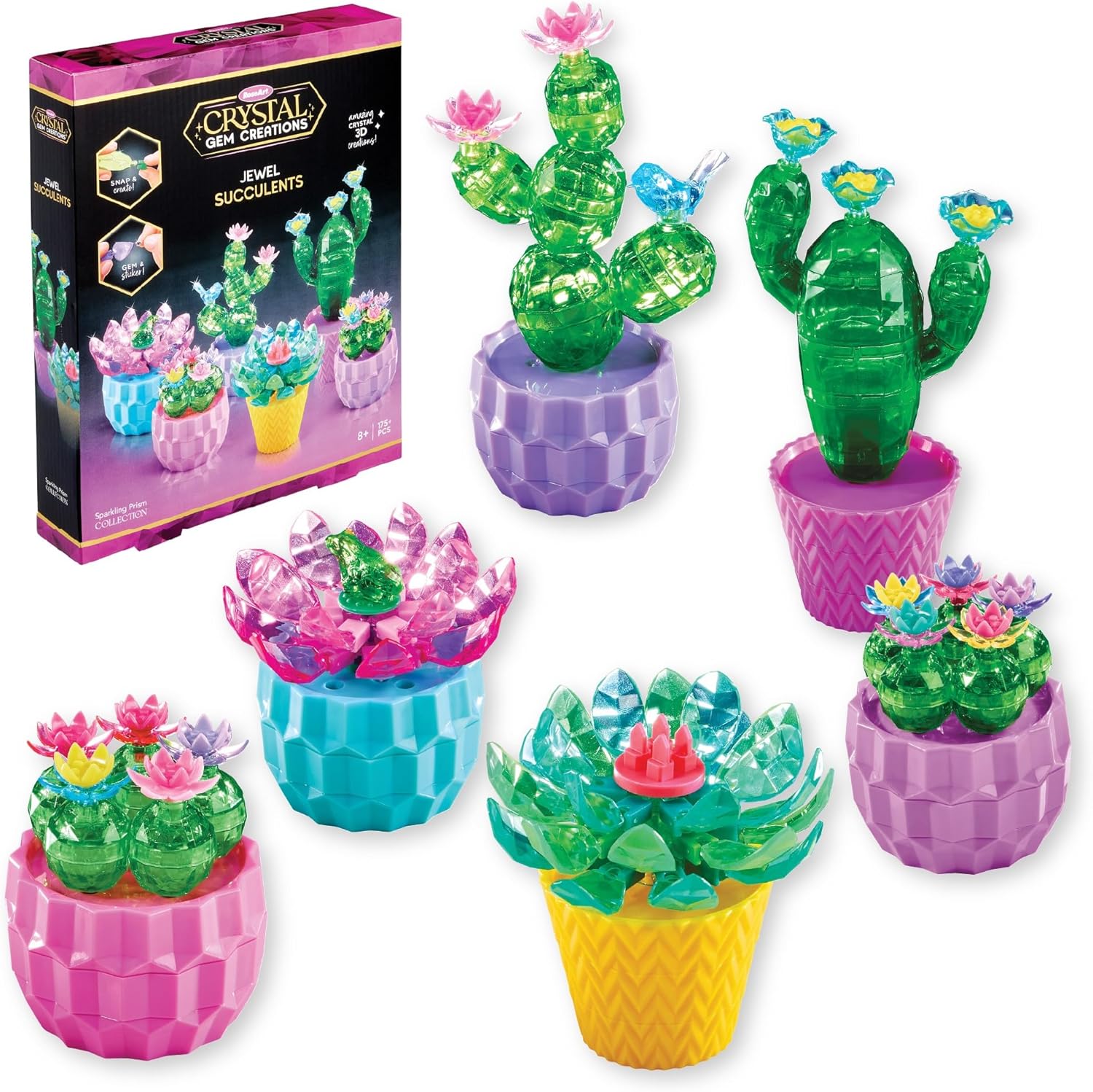 RoseArt Crystal Gem Creations Jewel Succulents Kit packaging front view showing colorful gemstone craft pieces.
