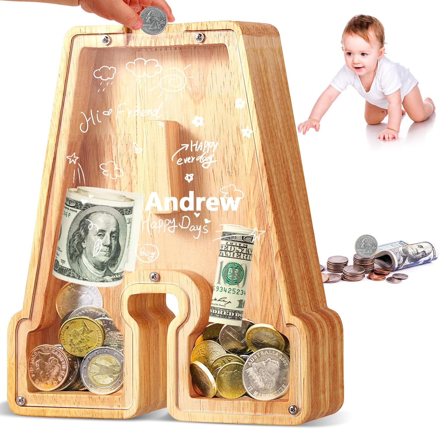 UBeesize Letter Piggy Bank front view of wooden alphabet letter A money box