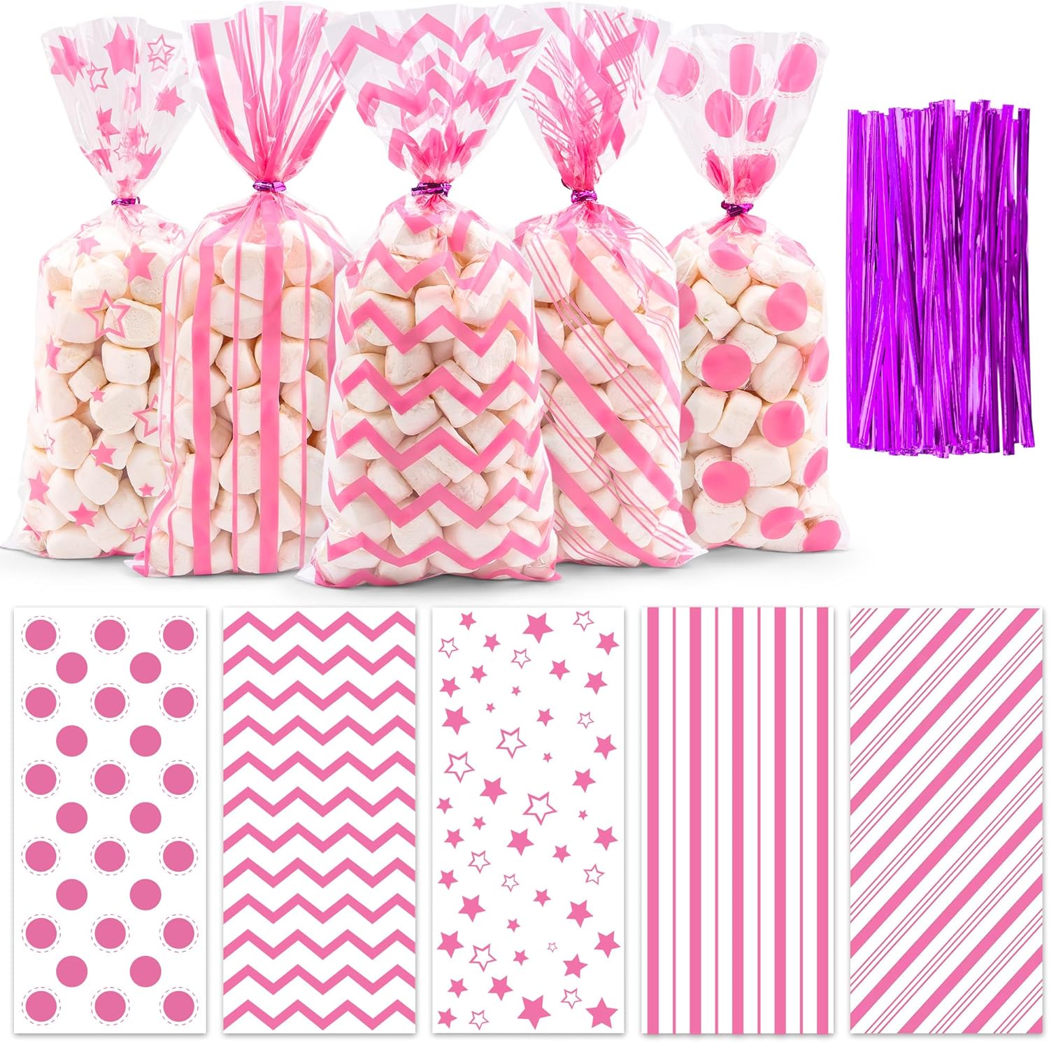 Lxzyu Valentine Cellophane Bags front view showing 50 pieces filled with pink and white heart marshmallows