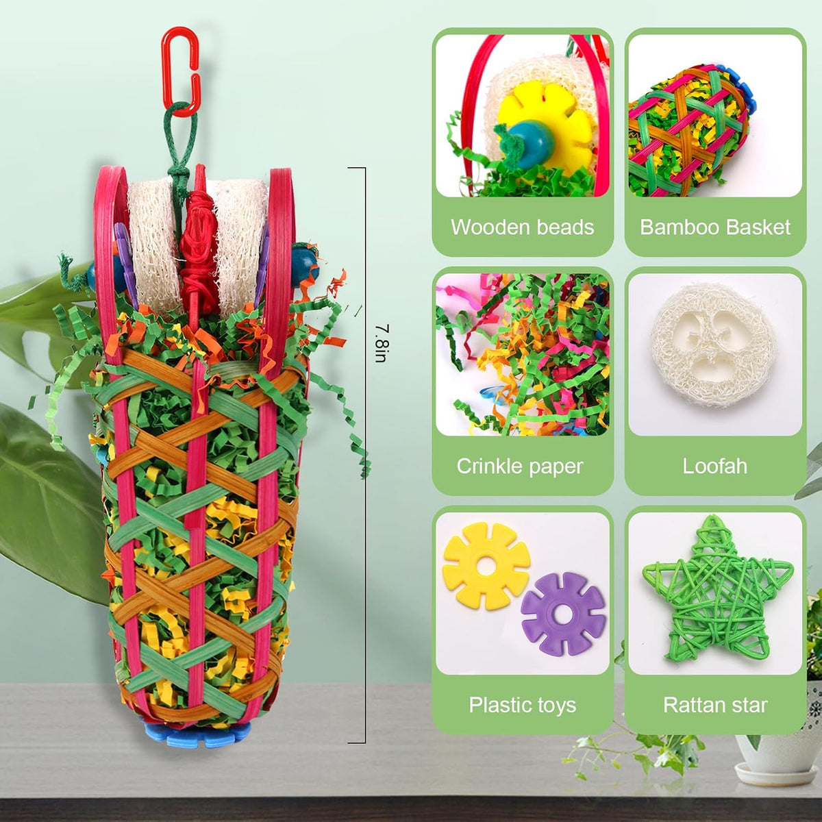 Kyouki bird cage accessories showing natural loofah slices and crinkle paper details