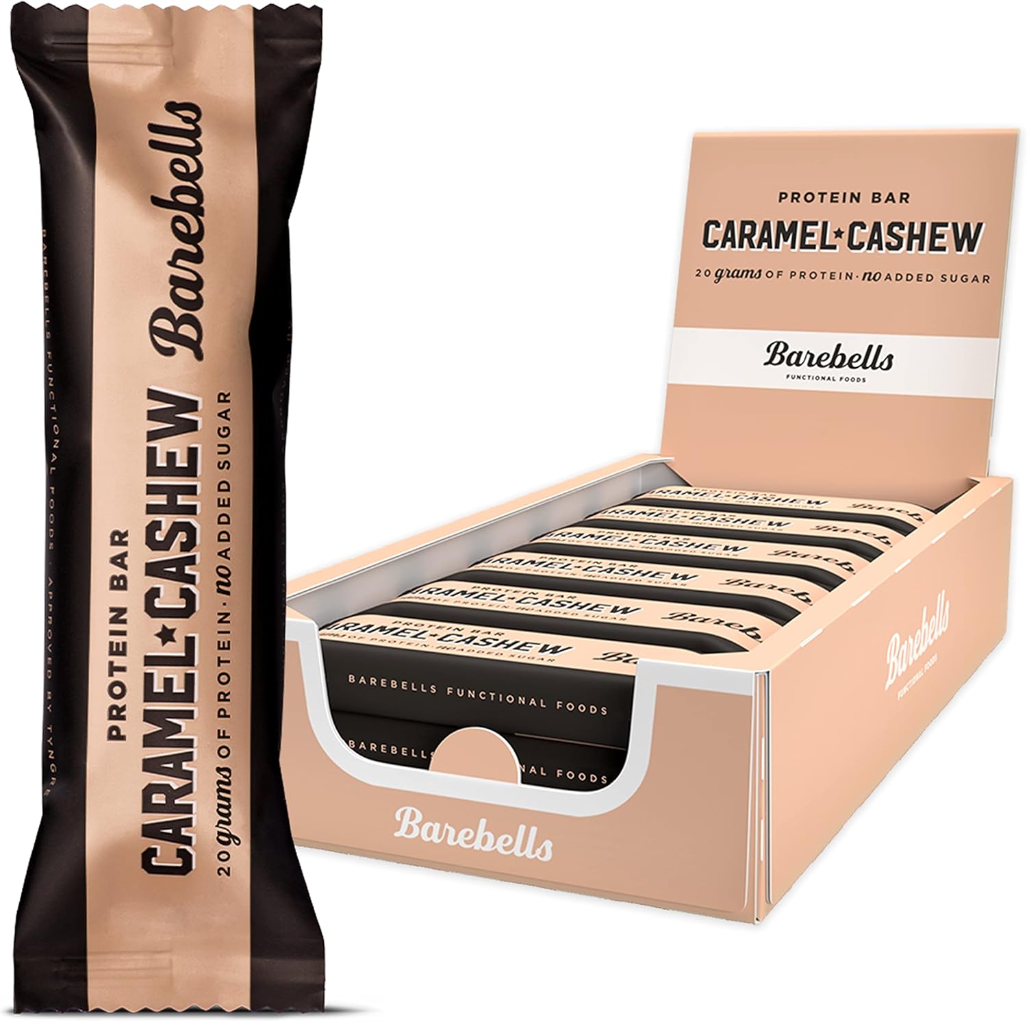 Barebells Caramel and Cashew Protein Bar pack front view showcasing premium packaging.