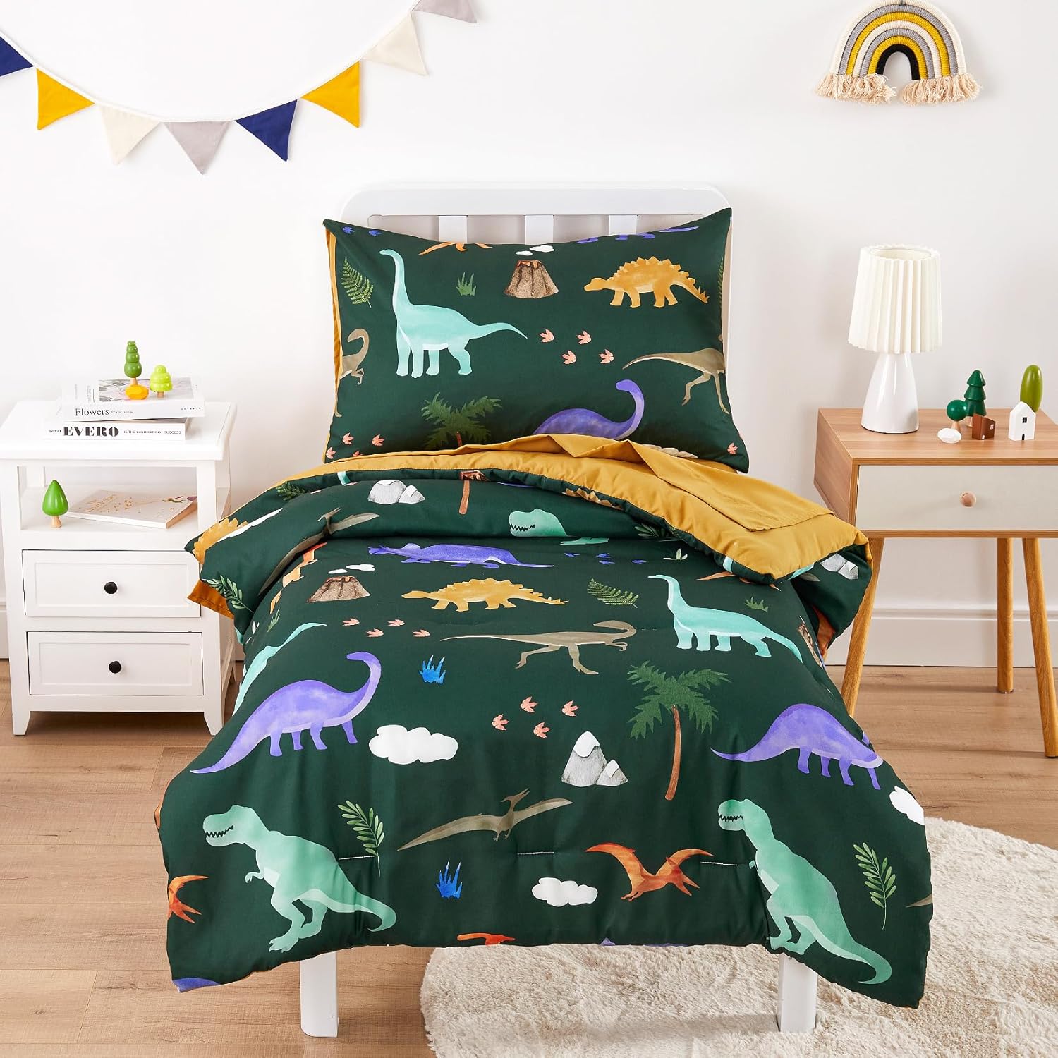 Wake In Cloud toddler bedding set front view showcasing dark green dinosaur design