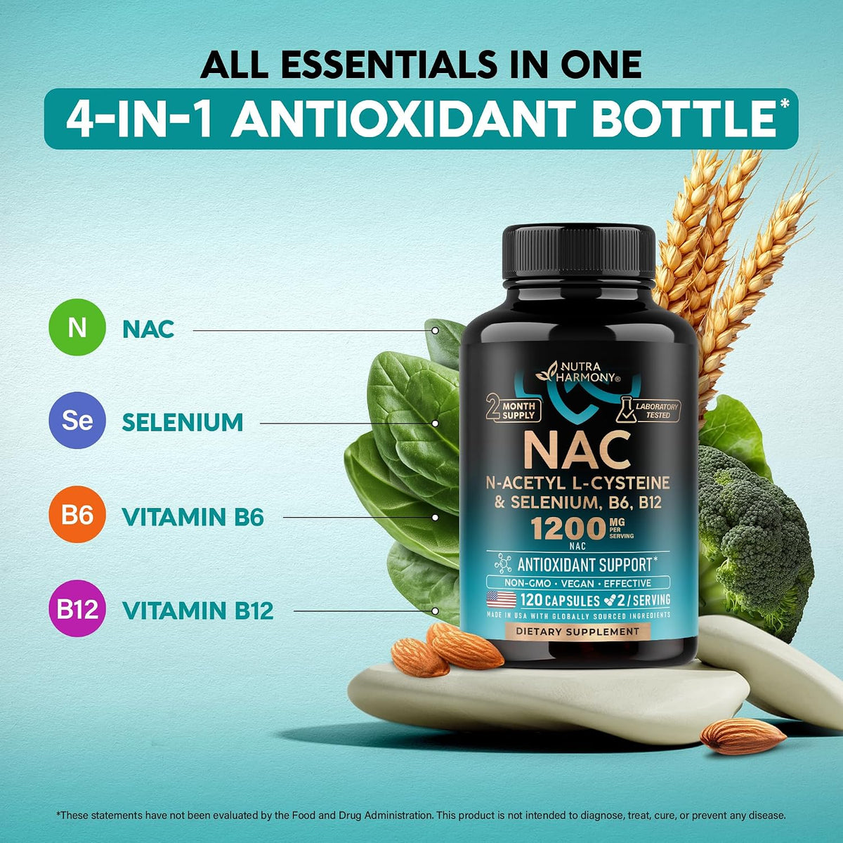 NutraHarmony antioxidant support supplement bottle showing dietary traits