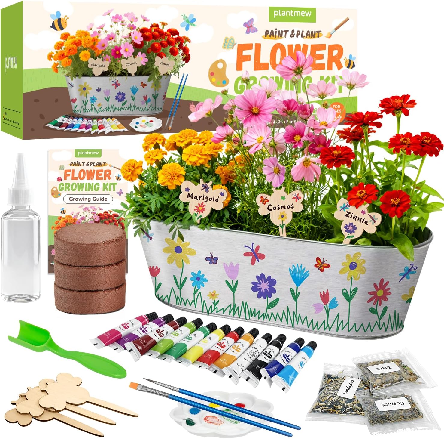 PLANTMEW Paint and Plant Flower Growing Kit front view showing complete 25 piece kids gardening set