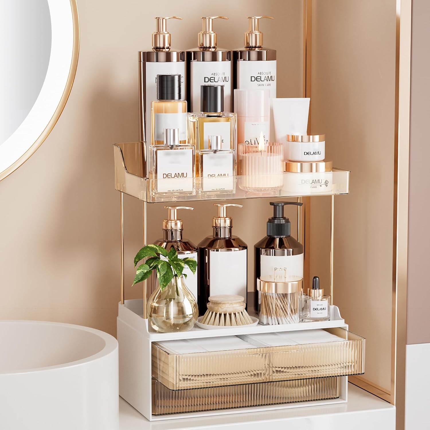 Delamu 2-tier amber bathroom makeup organizer front view on vanity