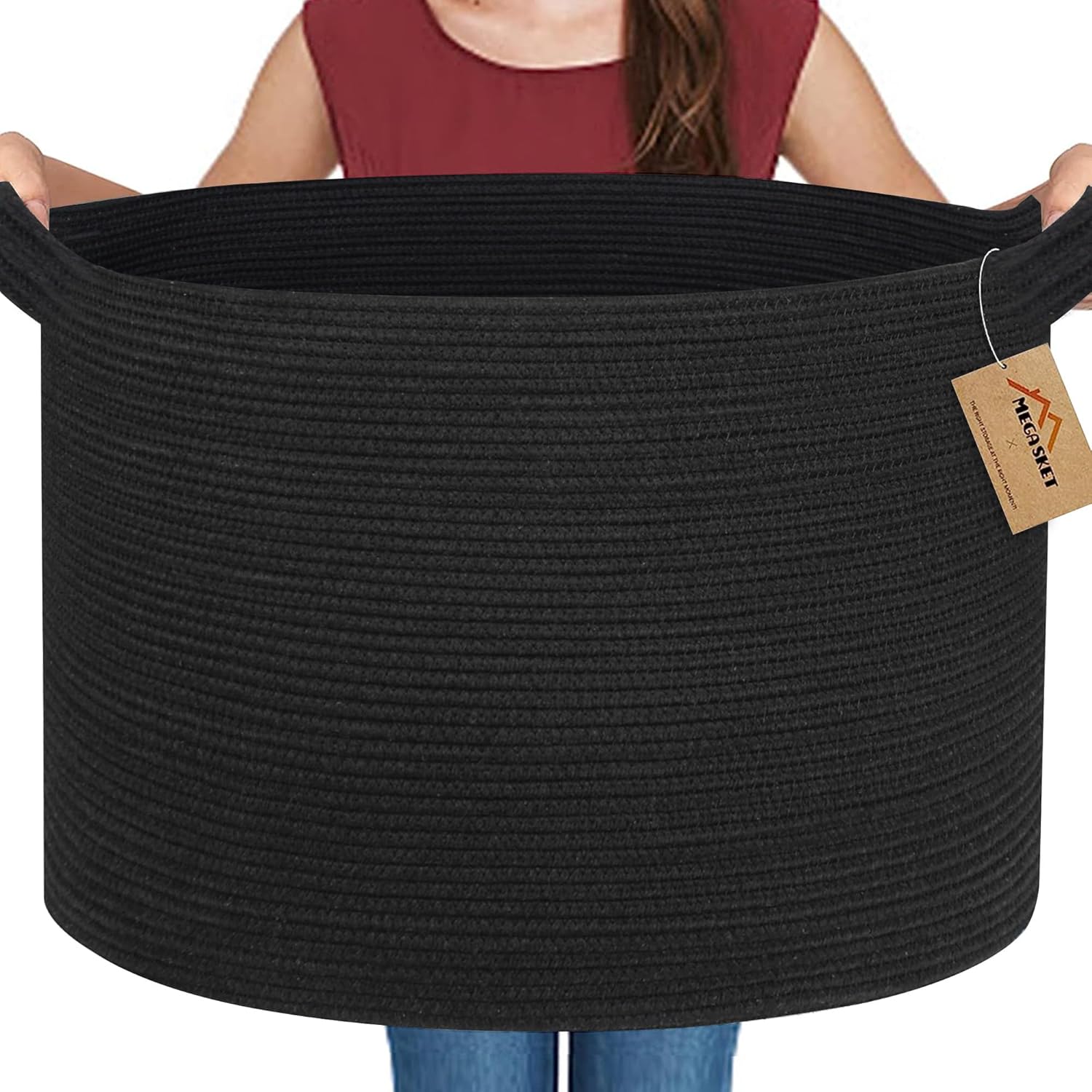 MEGASKET Large Black Blanket Basket front view showing woven cotton rope texture
